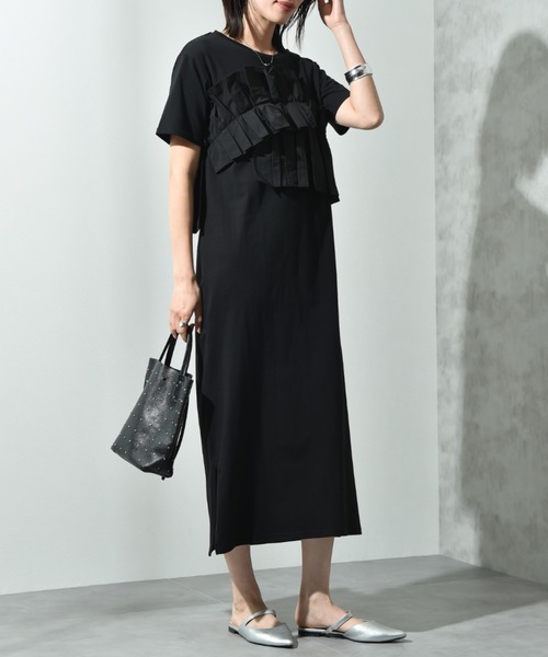 INTERPLANET（インタープラネット）の「異素材プリーツデザインカットワンピース（ワンピース・レディース・グレー/ブラック/ネイビー系・FREE）」の8枚目の写真