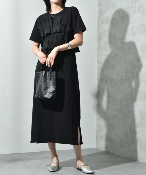 INTERPLANET（インタープラネット）の「異素材プリーツデザインカットワンピース（ワンピース・レディース・グレー/ブラック/ネイビー系・FREE）」の9枚目の写真