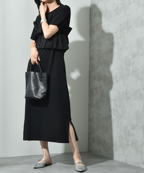 INTERPLANET（インタープラネット）の「異素材プリーツデザインカットワンピース（ワンピース・レディース・グレー/ブラック/ネイビー系・FREE）」の4枚目の写真