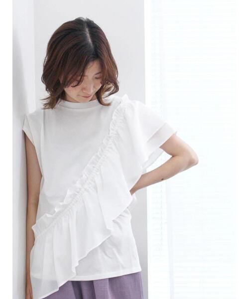 Samansa Mos2 blue(サマンサモスモスブルー)の「◎フリルドッキングプルオーバー(Tシャツ/カットソー・レディース・ブルー/オフホワイト/ブラック・F)」の2枚目の写真