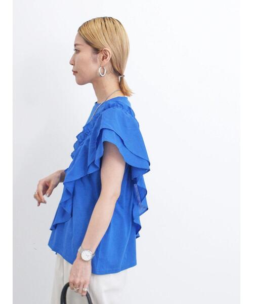 Samansa Mos2 blue(サマンサモスモスブルー)の「◎フリルドッキングプルオーバー(Tシャツ/カットソー・レディース・ブルー/オフホワイト/ブラック・F)」の6枚目の写真