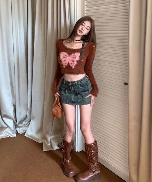 shopnikoniko(ショップニコニコ)の「バタフライ ベルトワンショルダー シャギーニット(ニット/セーター・レディース・ブラック/ブラウン・フリー)」の10枚目の写真