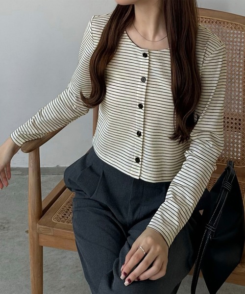 callautia（カラウティア）の「クロップドボーダーカーディガン（カーディガン/ボレロ・レディース・アイボリー/ブラック/ホワイト・SMALL/MEDIUM/LARGE）」の7枚目の写真