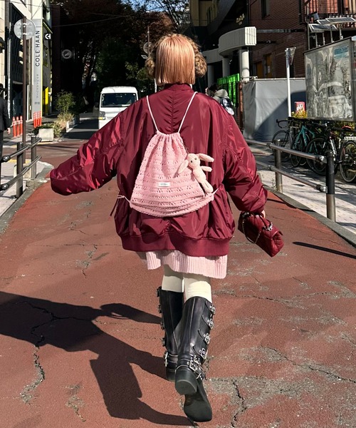 追跡有★S'AIME バックル 巾着 リュック セール】カギ針あみニット巾着リュック（バックパック/リュック