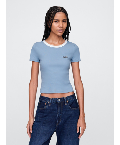 GAP（ギャップ）の「リブ クロップド Gapロゴtシャツ（Tシャツ/カットソー・レディース・ホワイト×ネイビー/イエロー/ブラック×ホワイト/ブルー・S/XL/XXS/XS/M/L）」の7枚目の写真