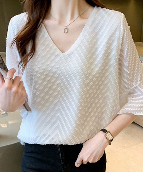 SallyLunn（サリーラン）の「【ふんわり軽やか】シアーVネックブラウス（シャツ/ブラウス・レディース・ホワイト/ブラック・LARGE/MEDIUM）」の9枚目の写真