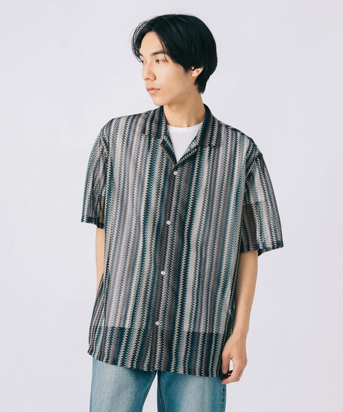 ストライプ レース ショートスリーブシャツ（シャツ/ブラウス