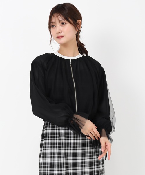 MISCH MASCH（ミッシュマッシュ）の「2025春夏新作 チュール袖リボンブルゾン（ブルゾン・レディース・ブラック/ホワイト・ﾌﾘ-）」の4枚目の写真