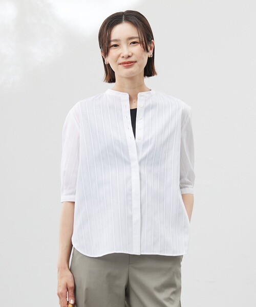 J.PRESS(ジェイプレス)の「【洗える】セルロースカラミストライプ バンドカラー ブラウス(シャツ/ブラウス・レディース・ホワイト系・T13/T15)」の1枚目の写真