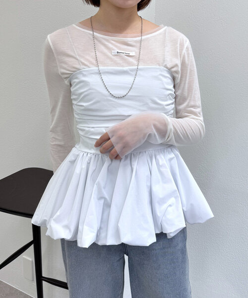 mline（エムライン）の「[mline]チュールレイヤードシアーロングTシャツ（Tシャツ/カットソー・レディース・イエロー/ブラック/オフホワイト・FREE）」の6枚目の写真