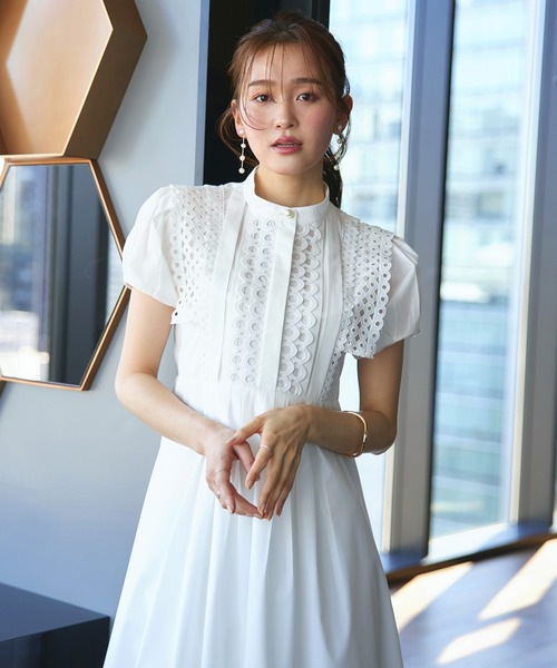 洗える｜スタンドカラーレースシャツワンピース｜レディースおしゃれきれいめオフィスカジュアル通勤服リゾートロングワンピシャツワンピ
