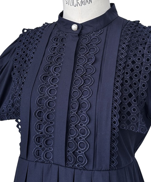 洗える｜スタンドカラーレースシャツワンピース｜レディースおしゃれきれいめオフィスカジュアル通勤服リゾートロングワンピシャツワンピ