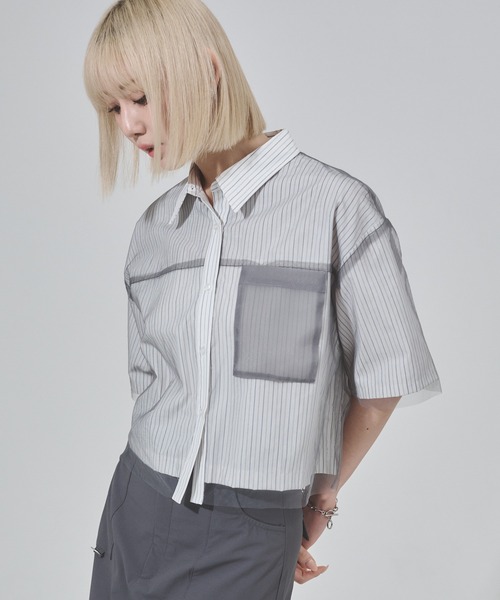 ENVYM（アンビー）の「チュールドッキング半袖ストライプショートシャツ（シャツ/ブラウス・レディース・ホワイト・FREE）」の10枚目の写真