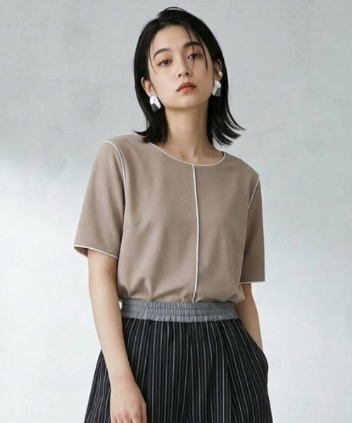 DIP IN CHOCOLATE(ディップインチョコレート)の「パイピングシアーカットソー【DIP IN CHOCOLATE】(Tシャツ/カットソー・レディース・ブラック/グリーン/グレー・F)」の1枚目の写真