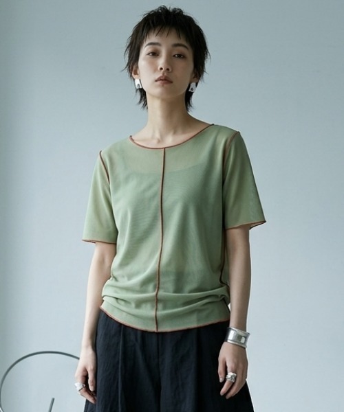 DIP IN CHOCOLATE(ディップインチョコレート)の「パイピングシアーカットソー【DIP IN CHOCOLATE】(Tシャツ/カットソー・レディース・ブラック/グリーン/グレー・F)」の3枚目の写真