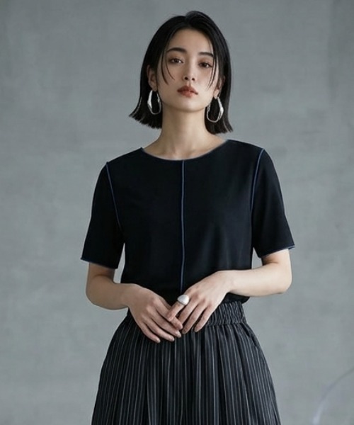 DIP IN CHOCOLATE(ディップインチョコレート)の「パイピングシアーカットソー【DIP IN CHOCOLATE】(Tシャツ/カットソー・レディース・ブラック/グリーン/グレー・F)」の2枚目の写真