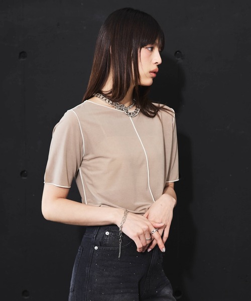 DIP IN CHOCOLATE(ディップインチョコレート)の「パイピングシアーカットソー【DIP IN CHOCOLATE】(Tシャツ/カットソー・レディース・ブラック/グリーン/グレー・F)」の8枚目の写真