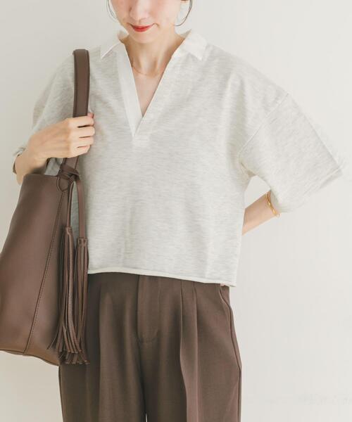 ITEMS URBANRESEARCH（アイテムズ アーバンリサーチ）の「ミニ裏毛スキッパーポロ（ポロシャツ・レディース・ブラウン/グレー・FREE）」の3枚目の写真