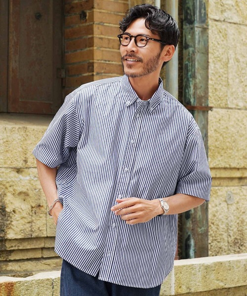 Lambretta★半袖 ボタンダウン カジュアル シャツ★ストライプ柄 セール】ビックシルエット ストライプ ボタンダウン 半袖シャツ