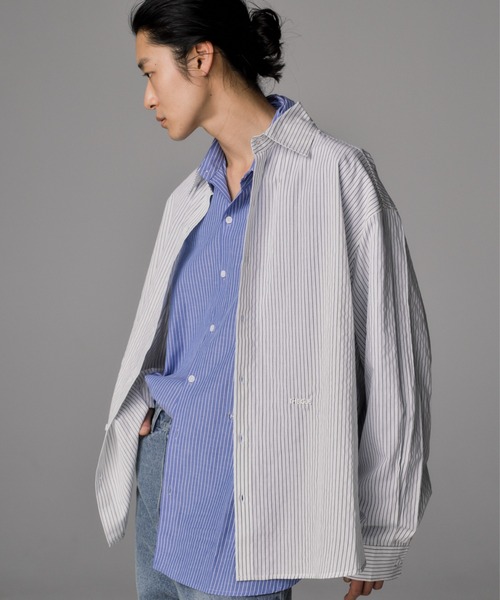 THE CLE（ザクレ）の「OVERSIZED STRIPED SHIRT / オーバーサイズストライプシャツ【オーバーサイズ】【ストライプ】 シャツ トップス メンズ（シャツ/ブラウス・メンズ・ホワイト/ブルー・SMALL/MEDIUM/LARGE）」の7枚目の写真