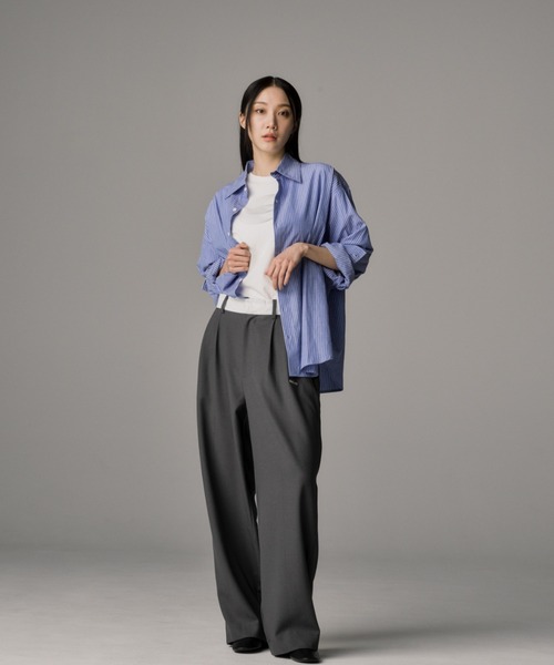 THE CLE（ザクレ）の「OVERSIZED STRIPED SHIRT / オーバーサイズストライプシャツ【オーバーサイズ】【ストライプ】 シャツ トップス メンズ（シャツ/ブラウス・メンズ・ホワイト/ブルー・SMALL/MEDIUM/LARGE）」の8枚目の写真