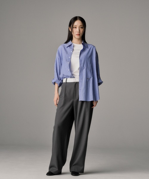 THE CLE（ザクレ）の「OVERSIZED STRIPED SHIRT / オーバーサイズストライプシャツ【オーバーサイズ】【ストライプ】 シャツ トップス メンズ（シャツ/ブラウス・メンズ・ホワイト/ブルー・SMALL/MEDIUM/LARGE）」の10枚目の写真