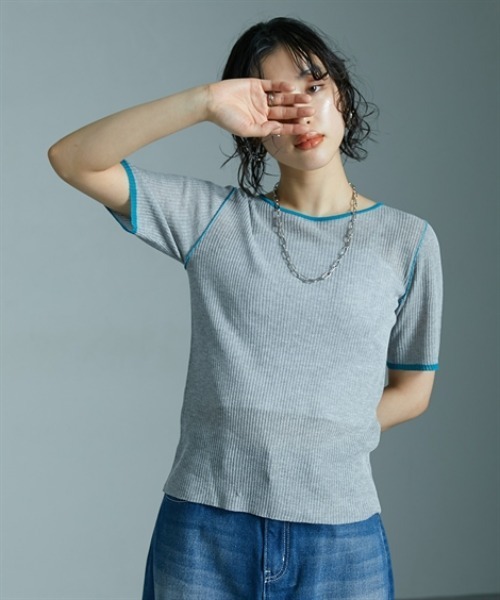 トップス　ろくsama 麻タッチ配色デザインクルーネックトップス ［Soiunique］（T