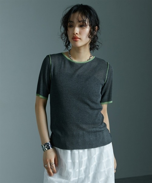 Soiunique（スワユニーク）の「麻タッチ配色デザインクルーネックトップス ［Soiunique］（Tシャツ/カットソー・レディース・アイボリー/杢グレー/チャコール・FREE）」の3枚目の写真