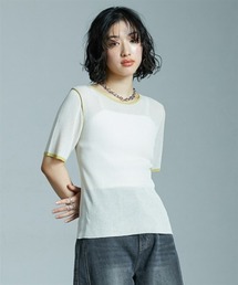 麻タッチ配色デザインクルーネックトップス ［Soiunique］