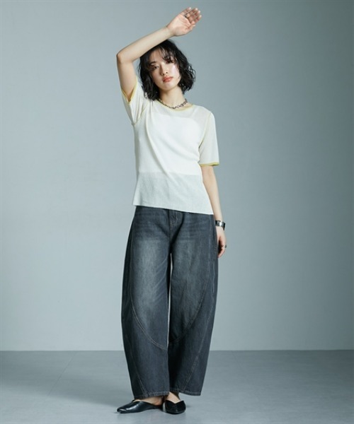 Soiunique（スワユニーク）の「麻タッチ配色デザインクルーネックトップス ［Soiunique］（Tシャツ/カットソー・レディース・アイボリー/杢グレー/チャコール・FREE）」の4枚目の写真
