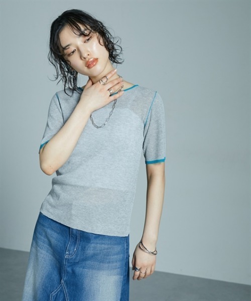 Soiunique（スワユニーク）の「麻タッチ配色デザインクルーネックトップス ［Soiunique］（Tシャツ/カットソー・レディース・アイボリー/杢グレー/チャコール・FREE）」の6枚目の写真
