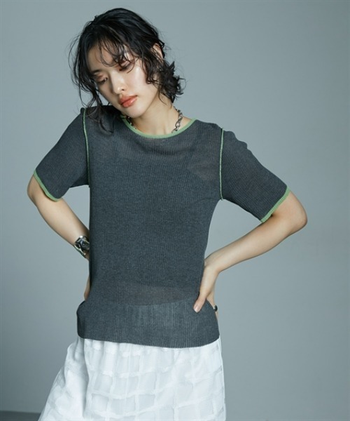 Soiunique（スワユニーク）の「麻タッチ配色デザインクルーネックトップス ［Soiunique］（Tシャツ/カットソー・レディース・アイボリー/杢グレー/チャコール・FREE）」の10枚目の写真