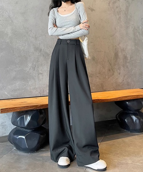 aimoha（アイモハ）の「ハイウエストタックワイドパンツ（スラックス・レディース・グレー/ブラック/ライトベージュ・LARGE/MEDIUM/SMALL）」の2枚目の写真