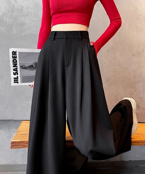 aimoha（アイモハ）の「ハイウエストタックワイドパンツ（スラックス・レディース・グレー/ブラック/ライトベージュ・LARGE/MEDIUM/SMALL）」の6枚目の写真