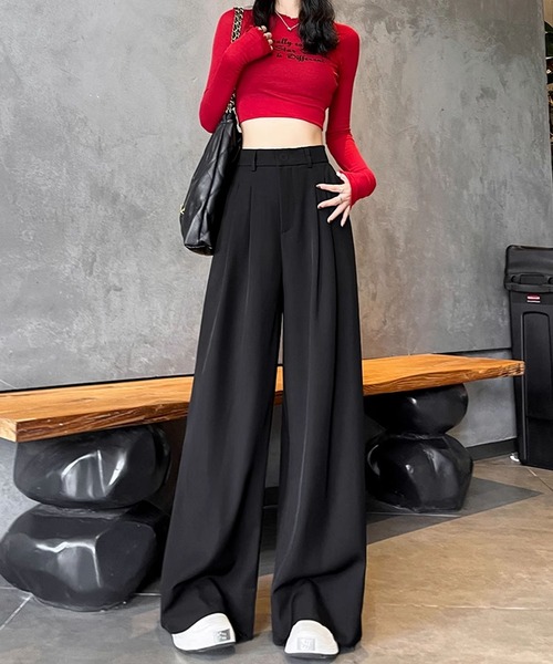 aimoha（アイモハ）の「ハイウエストタックワイドパンツ（スラックス・レディース・グレー/ブラック/ライトベージュ・LARGE/MEDIUM/SMALL）」の4枚目の写真