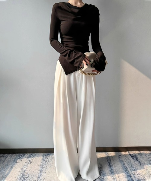 aimoha（アイモハ）の「ハイウエストタックワイドパンツ（スラックス・レディース・グレー/ブラック/ライトベージュ・LARGE/MEDIUM/SMALL）」の11枚目の写真