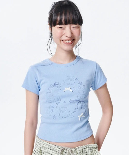 tシャツ A'GEM/9 × .kom「runningHIGH/ランニングハイ」RIBBON CAT T-Shirt/リボンキャット Tシャツ レディ A'GEM/9 × .kom『runningHIGH/ランニングハイ』RIBBON CAT T