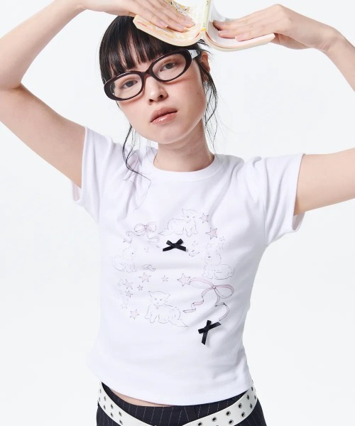 tシャツ A'GEM/9 × .kom「runningHIGH/ランニングハイ」RIBBON CAT T-Shirt/リボンキャット Tシャツ レディ A'GEM/9 × .kom『runningHIGH/ランニングハイ』RIBBON CAT T