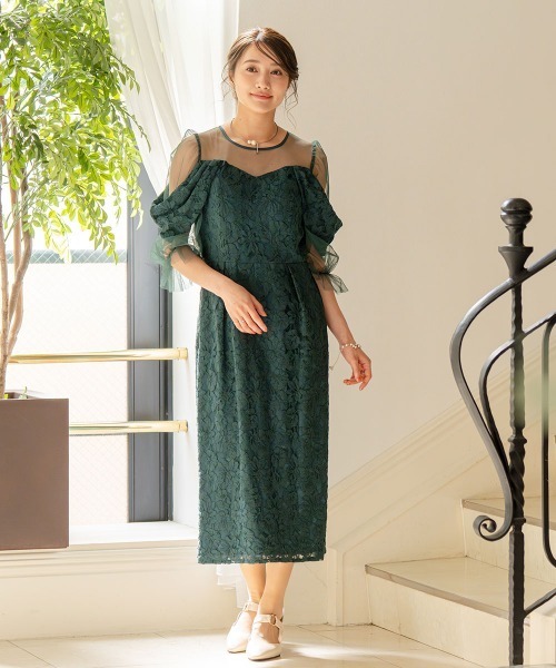 Jolie et Jolie(ジョリーエジョリー)の「総レースドレープスリーブワンピースドレス(ドレス・レディース・グリーン/ネイビー・M/L/LL/3L)」の4枚目の写真