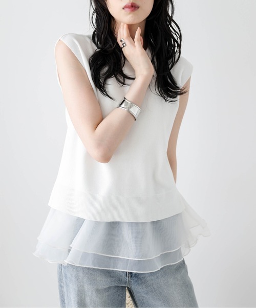 AMELY(エミリー)の「サマーニット×シアーペプラムセットアイテム(セットアップ・レディース・ホワイト×ホワイト/ホワイト×ブラック/グレー×ホワイト/ブラック×ブラック/ブラック×ホワイト・フリー)」の7枚目の写真
