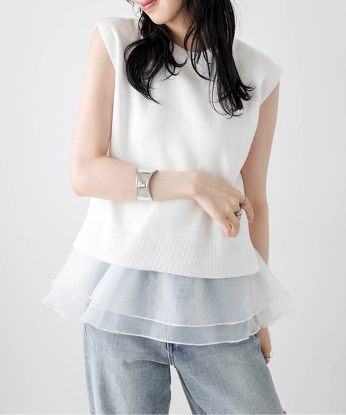 AMELY(エミリー)の「サマーニット×シアーペプラムセットアイテム(セットアップ・レディース・ホワイト×ホワイト/ホワイト×ブラック/グレー×ホワイト/ブラック×ブラック/ブラック×ホワイト・フリー)」の8枚目の写真