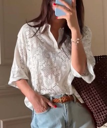 Doula Doula（ドゥーラドゥーラ）の「クロシェ風ポロカラーレーストップス（Tシャツ/カットソー）」