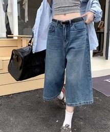 【URGE:】ハイウエスト ハーフ丈 ワイド デニム パンツ