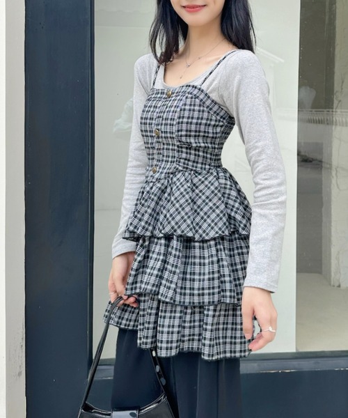 セール】ティアード ミニ丈 チェックキャミワンピース