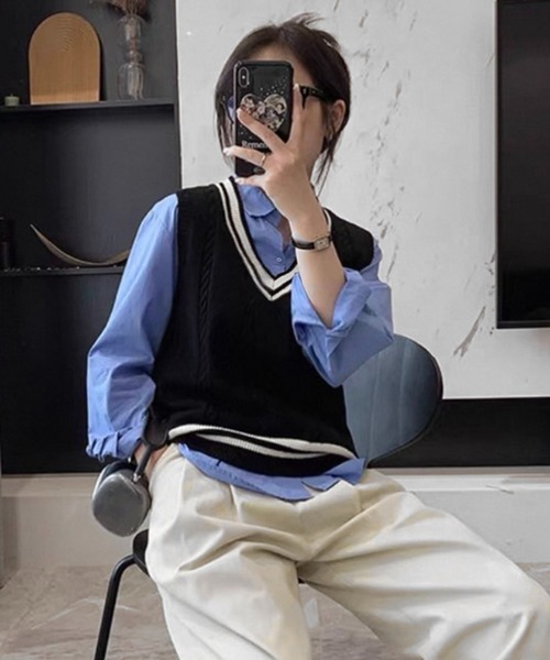 セール】Vネック配色 プレッピーラインニットベスト / ケーブル編み