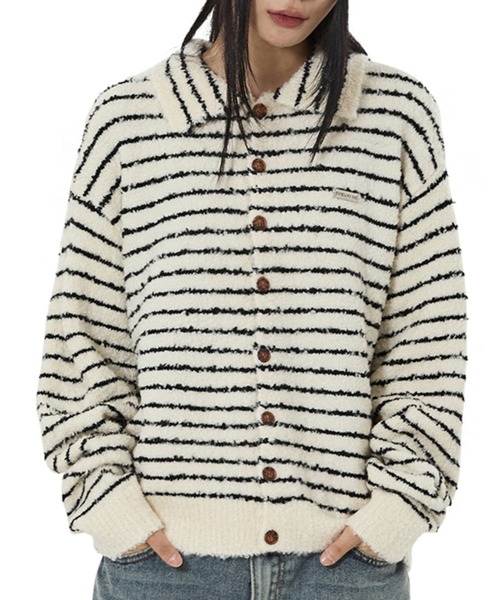 OY（オーワイ）の「『OY/オーワイ』STRIPED BOUCLE COLLAR KNIT CARDIGAN/ブークレーストライプ ニットカーディガン（カーディガン/ボレロ・レディース・アイボリー/ブラック・L/M）」の2枚目の写真