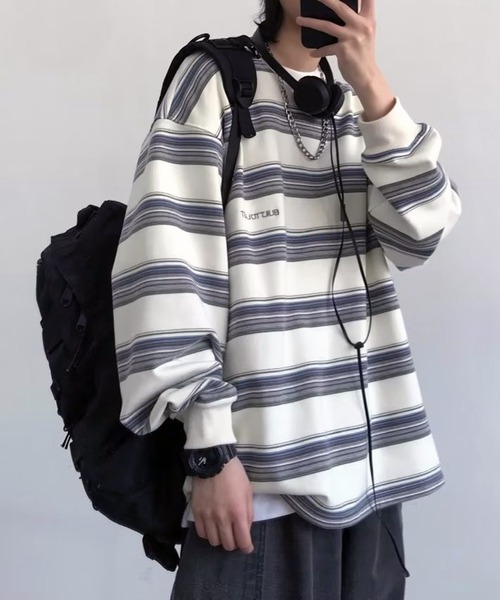 VIBGYOR（ヴィブジョー）の「ワンポイントマルチボーダールーズロンT/ユニセックス 韓国(CZ)（Tシャツ/カットソー・メンズ・ブルー/イエロー・MEDIUM/LARGE）」の2枚目の写真