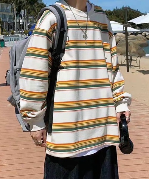 VIBGYOR（ヴィブジョー）の「ワンポイントマルチボーダールーズロンT/ユニセックス 韓国(CZ)（Tシャツ/カットソー・メンズ・ブルー/イエロー・MEDIUM/LARGE）」の3枚目の写真