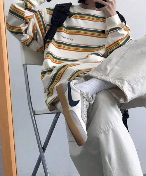 VIBGYOR（ヴィブジョー）の「ワンポイントマルチボーダールーズロンT/ユニセックス 韓国(CZ)（Tシャツ/カットソー・メンズ・ブルー/イエロー・MEDIUM/LARGE）」の4枚目の写真