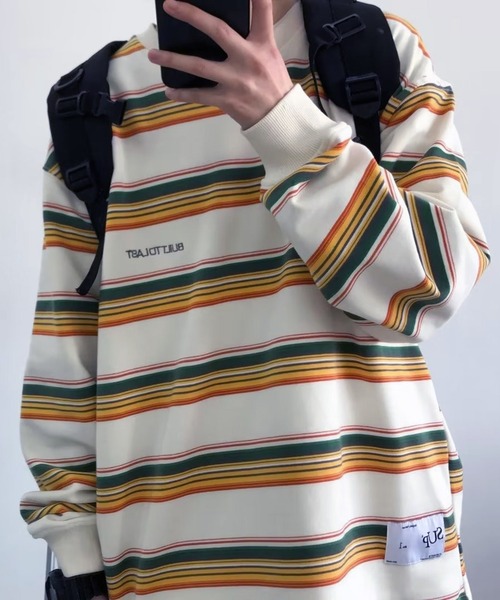 VIBGYOR（ヴィブジョー）の「ワンポイントマルチボーダールーズロンT/ユニセックス 韓国(CZ)（Tシャツ/カットソー・メンズ・ブルー/イエロー・MEDIUM/LARGE）」の5枚目の写真